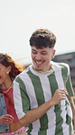 City, dancer and man with group of people for solidarity, celebration and happy energy on rooftop. Art, culture and gen z friends in dance challenge with streetwear, urban party and music performance