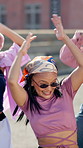 Urban dancer and woman with group of people for solidarity, celebration and happy energy on rooftop. Art, culture and gen z friends in dance challenge with streetwear, city party or music performance