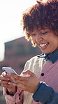 Phone, laughing and woman in city with networking, communication or contact for dating app. Happy, technology and female person with cellphone for online romance texting with connectivity in town.