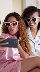 Women, sunglasses and selfie for bridal shower, memory and photography as bridesmaid for ceremony.  Female people, fashion and bachelorette party for wedding day, marriage and reception in hotel room