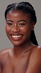 Skincare, health and face of black woman in studio with natural, hydration and facial routine. Happy, beauty and portrait of person from Kenya with dermatology treatment for glow by gray background.