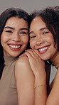 Beauty, face and happy with woman friends in studio together for natural cosmetics or dermatology. Love, portrait and skincare with smile of model people hugging for aesthetic, bonding or solidarity