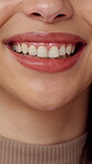 Mouth, smile and teeth of woman closeup in studio for dental health, emotion or expression. Hygiene, orthodontics and veneers with happy person at dentist for cleaning, wellness or whitening