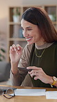 Excited, home or woman on laptop with credit card for online shopping, discount or sale. Doomspending, ecommerce deal or lady typing on fintech banking app with rewards, voucher code or savings bonus