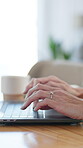 Hands, laptop and typing with business person at desk in office for administration or report. Design, feedback and review with professional employee closeup at table in workplace for research