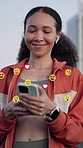 Outdoor, woman and smile on smartphone with emoji on social media, dating app or website for fun. Happy, female person and texting on internet for networking, communication or connection with overlay