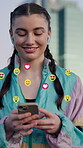 Outdoor, woman and smile on smartphone with emoji on social media, dating app or website for fun. Happy, female person and texting on internet for networking, communication or connection with overlay