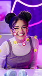 Happy girl, influencer and live streaming with emoji or icons for reaction, feedback or comments at home. Portrait, young or female person with smile for vlog, social media or online review on chair