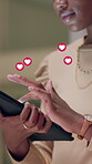 Hands, woman and tablet with heart emoji on social media, dating app or website for love. Closeup, female person and texting on internet for networking, communication and connection with overlay