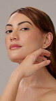 Beauty, skincare and hand with portrait of woman in studio for self care, cosmetics and dermatology. Collagen, facial and spa treatment with face of female model on background for salon and health