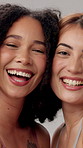 Happy, women and face with skincare in studio for natural beauty, cosmetics and facial glow. Friends, relax and smile with confidence by gray background for dermatology, treatment or pride with shine