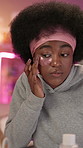 Girl, eye patch and beauty in bedroom at night for skincare,  detox or application with product in home. Gen z African woman, pad or mask for facial antiaging, collagen or benefits for transformation