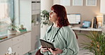 Woman, doctor or tablet in office for thinking, feedback or telehealth for advice in healthcare. Specialist, tech or medical research in hospital for diagnosis, patient report or online consultation