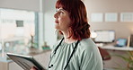 Woman, doctor or tablet in hospital for thinking, feedback or telehealth for advice in healthcare. Specialist, tech or medical research in office for diagnosis, patient report or online consultation