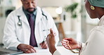 Clinic, doctor and woman with discussion in consultation, medical appointment and health update. Black people, sick patient and physician with listening for writing notes, diagnosis and prescription