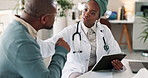 Doctor, results and healthcare with black people in clinic for consulting, advice and medical expert. Helping, appointment and support with patient in hospital for diagnosis, physician and feedback