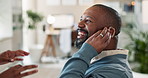 Black man, happy and hearing aid with doctor fitting, health insurance and tech for audio support. Healthcare, clinic and listening of male person with disability for deaf care for sound with smile