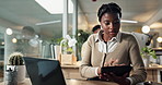 Tablet, laptop and research with black woman in office for company revenue, commercial broker or negotiation closer. Project, night and networking with account agent for investment deal and email