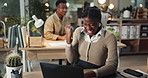 Success, laptop and research with black woman in office for company revenue, commercial broker or negotiation closer. Winner, night and good news with account agent for investment deal and email