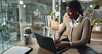 Business woman, laptop and happy for feedback, networking contact and client communication in office. Human resources, manager and smile for review performance, development and employee engagement