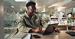 Success, laptop and update with black man in office for company revenue, commercial broker or negotiation closer. Winner, night and good news with account agent for investment deal and email
