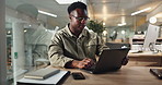 Business, laptop and research with black man in office for company revenue, commercial broker or negotiation closer. Project, night and networking with account agent for investment deal and email