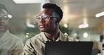 Night, laptop and thinking with business black man for reflection, finance regulations and compliance officer. Corporate, technology and vision with person at insurance company for risk management