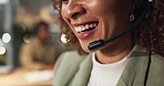 Phone call, customer support and woman with headset, mouth and help desk agent in crm office. Discussion, closeup and consultant in telemarketing callcenter for advice, sales pitch or conversation