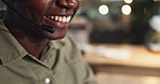 Phone call, customer support and black man with headset, mouth or help desk agent in crm office. Discussion, contact and consultant in telemarketing callcenter for advice, sales pitch or conversation
