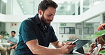 Business man, tablet and office typing at creative agency and coworking for content creation and post management. Digital, planning and web search with technology and professional with seo update