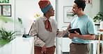 Discussion, explaining and people with tablet, smile and teamwork for business, listening and digital. Meeting, communication and editor for magazine, online and talking to colleague in office