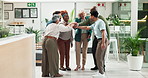 Applause, huddle and pile of hands with business people in office together for success or support. Diversity, motivation and smile of professional employee group in workplace for collaboration 