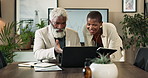 Black people, business and laptop with meeting for collaboration, corporate proposal or teamwork at office. African businessman, woman or employees with computer for company analytics at workplace