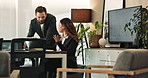 Conversation, feedback and laptop with business people in corporate workplace for assistance. Computer, desk or teamwork with employee man and woman in office for discussion or professional review
