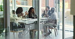 Office, business people and tablet with applause for promotion, support and celebration for feedback. Collaboration, employees and excited with clapping for target success, goals or corporate meeting
