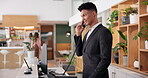 Man, receptionist and phone call for reservation, booking and enquiry as hotel staff or concierge. Male person, telephone and technology for communication, room service and customer care as employee
