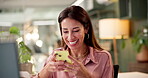 Texting, excited and woman with smartphone, reading and communication with contact, website or creative. Happy, digital and person with mobile for business, event planner or social media for research