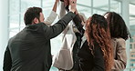 Office, teamwork and business people with high five for celebrate, success or happy for sales target. Collaboration, employees and ceo with clapping for achievement, support or applause for corporate