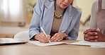 Contract, meeting and hands of business women in office for onboarding information with hiring. Paperwork, discussion and closeup of hr manager with job candidate for corporate recruitment document.