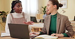 Business people, laptop and women with ideas, teamwork and planning with conversation. Employees, pc and coworkers with technology, advice and communication with network, cooperation and creative
