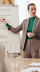 Office, businesswoman and presentation with whiteboard for training, sales strategy and discussion. Workplace, female person and speaker with information for corporate project, solution and workshop