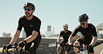 Bridge, fitness and men cycling in city for race, triathlon or marathon training with cardio. Sports, cyclists and male athletes with workout or exercise on bike in town for outdoor tour or activity.