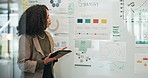 Business woman, thinking or whiteboard with tablet for company strategy, growth or planning at office. Young, female person or employee with technology or app for data, review or corporate statistics