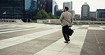 Business, man and run for rushing in city with morning commute, corporate career and late for appointment. Male attorney, suitcase and delay with urban travel, meeting hurry and interview opportunity