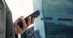 Person, hand and phone in city for business, connectivity and communication for networking. Man, mobile and closeup in urban New York for email, map app and online taxi service for travel or commute