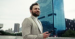 Vision, mobile and business man in city for urban planning, inspiration or brainstorming ideas. Phone, thinking and employee outdoor on chat app for problem solving, mindset or professional insight