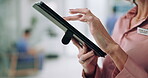 Hospital, typing and hands with tablet, healthcare and scheduling of appointment, receptionist and online. Digital, reading and person with information on app, administration and medical coder