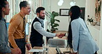Office, business people and man with handshake for welcome, introduction and hello for meeting. Boardroom, clients and startup manager with shaking hands for greeting, b2b or smile for digital agency
