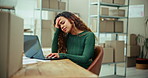 Tired woman, laptop or logistics with headache for stress, anxiety or mistake at warehouse. Frustrated, female person or distributor with migraine, vertigo or depression for debt or supply chain