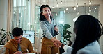 Office, business people and woman with handshake for promotion, welcome and hello for meeting. Boardroom, clients and startup manager with shaking hands for greeting, b2b and smile for digital agency